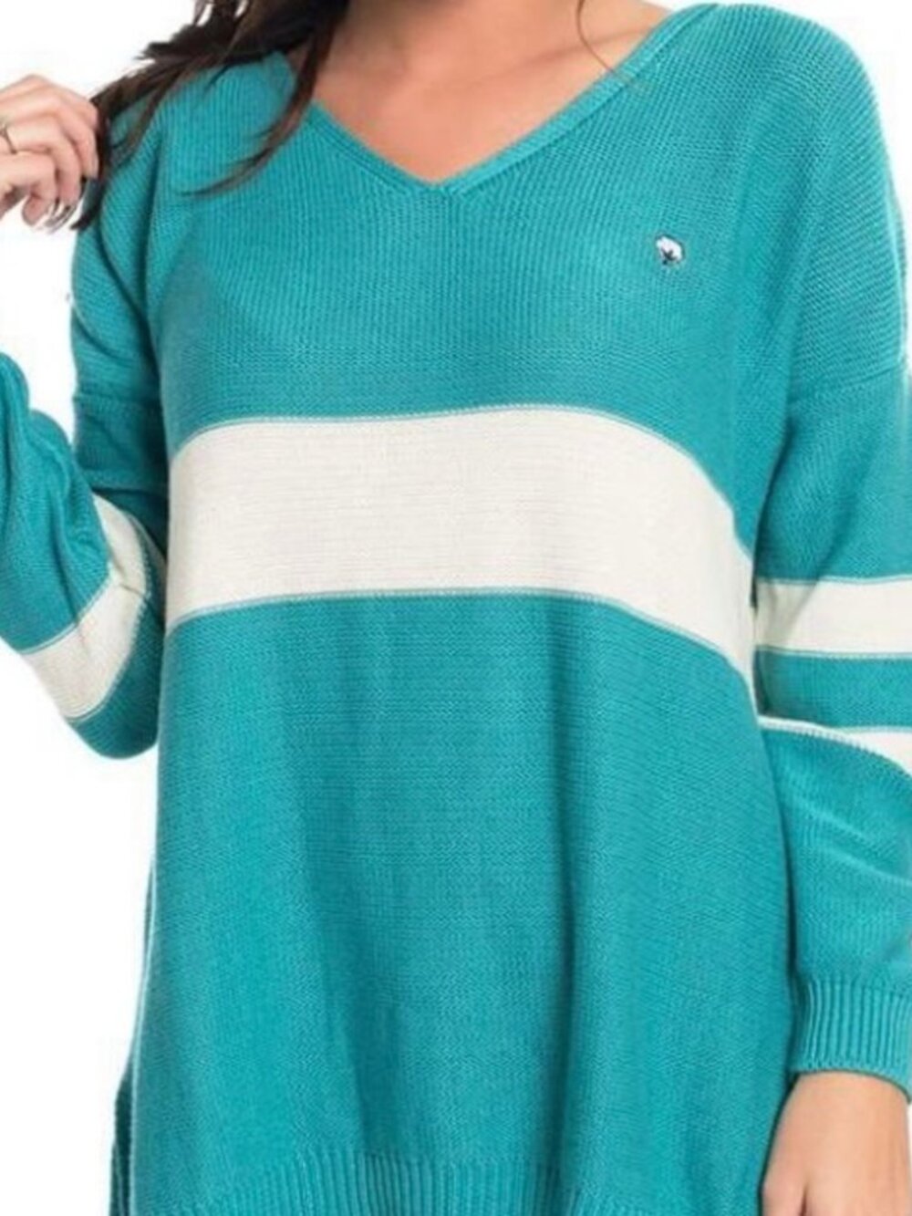 The Southern Shirt Company Teal V-Neck Sweater with Cream Stripe